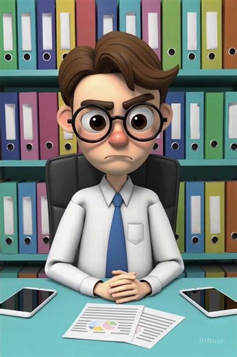 A stressed male tax advisor sits at his cluttered office desk.