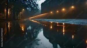 Reflective puddle in front of building at night, capturing vibrant lights and urban atmosphere. Perfect for cityscape or adding touch of modernity to design projects