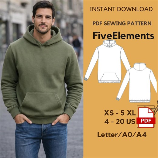Mens Hoodie Sewing Pattern | Pullover Sweatshirt With Hood & Pocket | PDF Pattern XS–5XL | Easy Digital PDF - Etsy