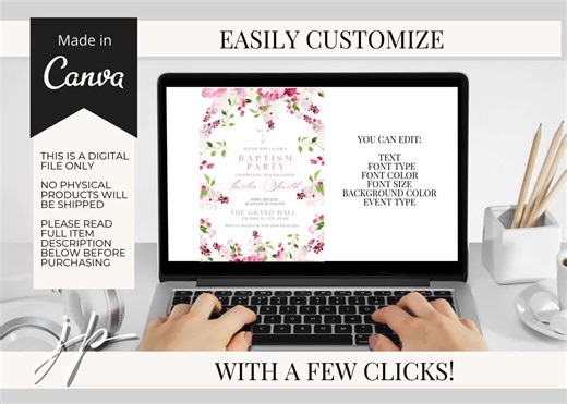 Pink Floral Baptism Party Invitation Template Girls Cross Christening Invite Editable Spring Garden Baby Dedication Canva Digital Invite - Etsy