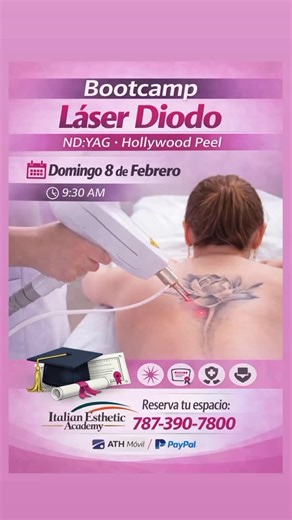 Pronto 🔬✨ Ahora en Domingo 8 Hora : 9:30 am Bootcamp de Láser Diodo – 🌟🔬 BOOT CAMP INTENSIVO DE LÁSER ESTÉTICO 🔬🌟 ¡Domina tres tecnologías en un solo día de alto nivel! 📅 Domingo 18 Enero ⏰ Horario: 9:30 AM – 4:00 PM 📍 Lugar: Italian Estetique Academy 🎓 Incluye 3 certificaciones oficiales 🔥 En este intensivo aprenderás el uso profesional de: ✅ Láser Diodo — para depilación segura y eficaz ✅ Hollywood Peel ✅ ND YAG — para tratamientos vasculares, tatuajes, piel y más 💼 Incluye: 📘 Mater