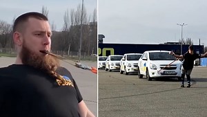 Ukrainian man pulls six cars with his teeth to break record