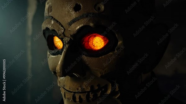 Halloween Close up of a horrific mask with eerie, glowing eyes in a dark room, scary and spooky