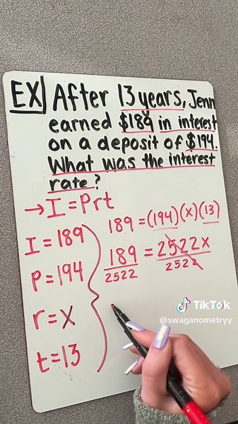 Using the Simple Interest Formula to Solve for the Rate! #math #mathematics #mathteacher #fyp #maths #mathtrick #middleschoolmath #stem #tutor #mathtutor #iprt #simpleinterest #interest #percent #consumermath #fypage