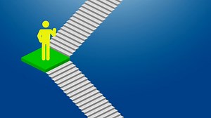 Presentation Pictogram man icon green color go to Business success stair step by step loopable on blue gradient background, animation 4K | Premium Stock Video Footage