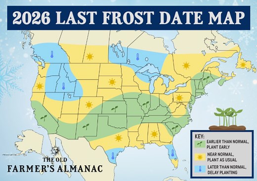 The Old Farmer's Almanac Map Predicts the Last Frost Dates of Winter