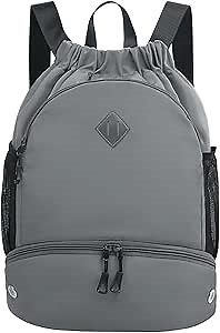 Drawstring Backpack Gym Backpack with Shoe Compartment for Men Women String Sports Bag with Wet Pocket Cinch Swim Beach Bag, Gray (Patent Pending)