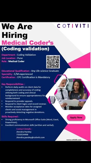 MedPro Coders | MEDICAL CODING TIPS on Instagram: "We Are Hiring Medical Coder's (Coding validation) Department: Coding Validation Job Location: Pune Role: Medical Coder Educational Qualification: Any Life science Graduate Speciality: E/M experienced Certification: CPC Certification is Mandatory Key Responsibilities: Perform daily audits on client data for completeness and accuracy of coding utilizing both coding and clinical background to ensure appropriateness for reimbursement Respond to prov