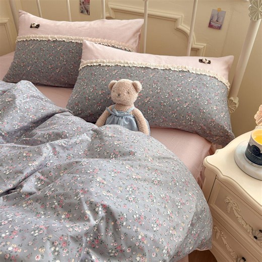 Blue Grey Floral Bedding Set Lace Trim Duvet Cover Cottagecore Comforter Cover Soft Romantic Bedroom Decor - Etsy