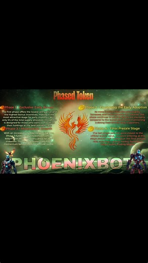 Phoenixbot Presale Phases Overview Phoenixbot’s presale is structured into four distinct phases, each designed to reward early adopters while ensuring a fair and strategic token distribution. As the presale progresses, the token price gradually increases, reducing early-stage bonuses and encouraging swift participation. Phase 1 – Exclusive Early Access The first phase offers the lowest entry price and the highest bonus incentives, making it the most attractive stage for early investors. With onl
