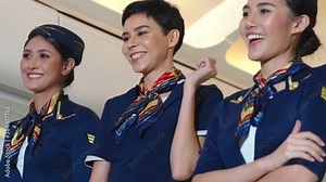 Cabin crew dancing with joy in airplane . Airline transportation and tourism concept.