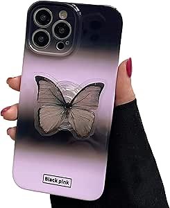 Black Pink Gradient Butterfly Phone Case Compatible with iPhone 14, Korea Cute 3D Cool Pink Black Butterfly Phone Cover with Butterfly Hold Stand (Film Phone case)