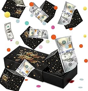 Happy Birthday Surprise Gift Box Explosion for Money - DIY Pop Out Folding Bounce Explosion Gift Box with Confetti - Birthday Money Bank - Cash Gift Idea for Women Men Kids (Black Gold)
