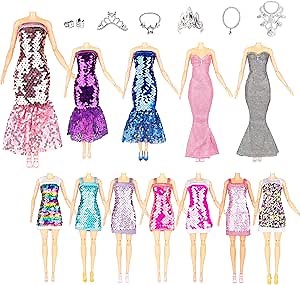 Glitter Sequin Mermaid Doll Clothes and Accessories - 12 Sequin Sparkly Glitter Party Club Dress, 2 Different Crown Ornament and 3 Beautiful Necklace, 2 Wide Bracelets, 10 Shoes, 29 Gift Set