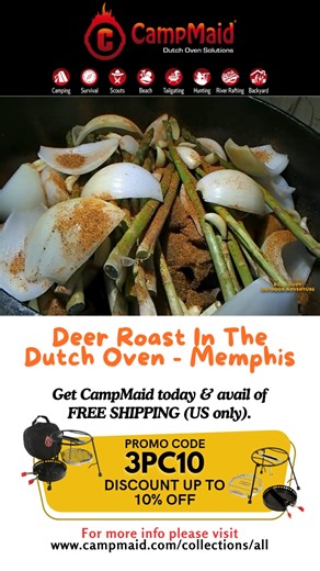 Embrace the taste of the wild with our Deer Roast in the Dutch Oven - Memphis style! 🦌🍖 Watch as tender venison slow-cooks to perfection, infused with the rich flavors of Memphis barbecue. It's a hearty dish that'll have you savoring every bite of the great outdoors. Promo Code: 3PC10 Get CampMaid today & avail of FREE SHIPPING (US only). #campmaid #dutchovencooking #cookingsystem #charcoalgrill #charcoal #charcoalcooking #campcooking #outdoorliving #outdoorcooking #castiron #castironskillet #