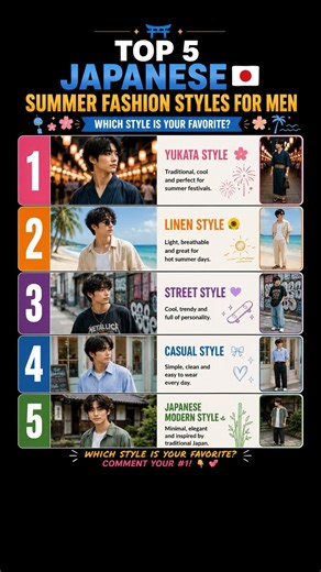 Top 5 Japanese Summer Fashion Styles for Men 🇯🇵 Which Is Your Favorite? #shorts