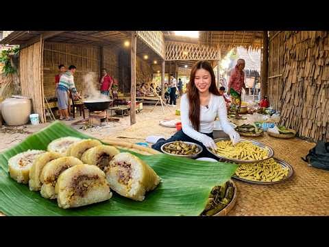 Making Sticky Rice Cake, Khmer Num Ansom, Cambodia Traditional Desserts, & Snacks
