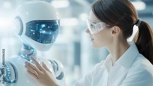 Harmony of Innovation: A female scientist intently interacts with a futuristic humanoid robot in a modern, high-tech laboratory setting.