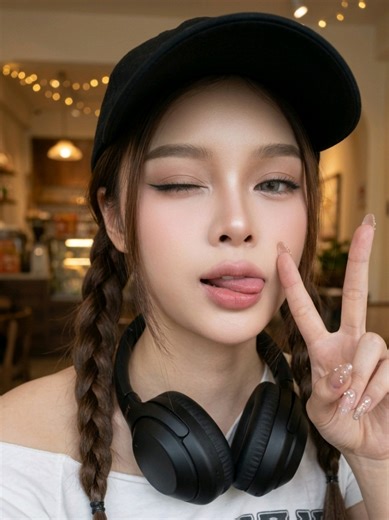 prompt me⤵️⤵️ Ultra-detailed hyperrealistic portrait of a beautiful young woman with trendy Douyin doll makeup, STRICT IDENTITY LOCK based on the uploaded reference photo (face must remain exactly identical: same facial structure, proportions, and features). Flawless porcelain glass skin, smooth soft matte-dewy finish, subtle peach-pink blush across cheeks and nose, plump glossy gradient lips in coral pink tone, small defined nose bridge, soft V-shaped jawline. Big bright eyes with subtle aegyo-