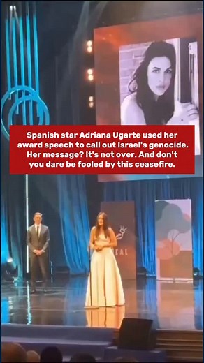 Upon accepting her award at the Almeria Film Festival, Spanish actress Adriana Ugarte used her moment on stage to state that Israel’s genocide is far from over and not to be deceived by the ceasefire. Israel killed since ceasefire announcement over 270 Palestinians, and violated that ceasefire over 300 times. Only 200 from 600 aid trucks enter, and sometimes less. @adrianaugarte10 #adrianaugarte #almeriafilmfestival | Celebrities4Palestine