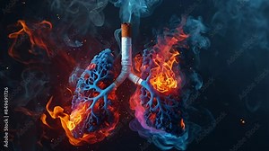 animation of human lungs where the trachea is cigarette, the right and left lungs are in form of burning ash, Human lung damage due to harmful effects of smoking gray smoker's lungs on dark background