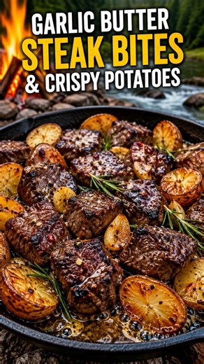 Fire Pit Garlic Butter Steak Bites & Crispy Potatoes 🥩🥔🔥 #cooking #steak #campfire #bbq