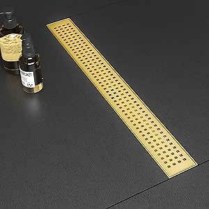 SaniteModar Linear Shower Drain - Gold 60 Inch with Removable Grate, Brushed 304 Stainless Steel Floor Drain Includes Hair Catcher and Leveling Feet
