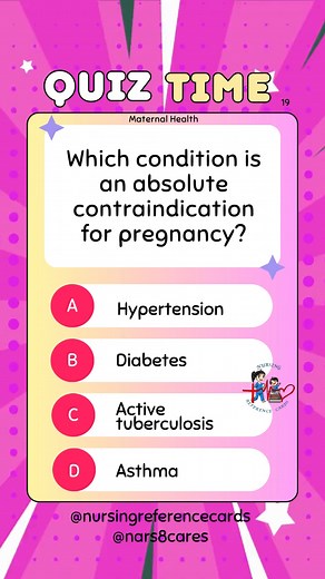 4K views · 62 reactions | Which condition is an absolute contraindication for pregnancy? * * * * * * * * #nurses #doctors #nursing #medical #nurseexam #NCLEX #nclexreview #nclexrn #registerednurse #medicaldoctor #medicine #studentlife #exam #exampreparation #nclexprep #nursingstudent #medicalstudent #RN #NMC #NGN #PNLE #NLE #USRN #RN #rnlife #nursinglife #fbreels #fypシ゚ @highlight @followers @everyone | Nursing Reference Cards | Facebook