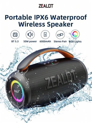 Enceinte sans fil ZEALOT P11 50 W, portable et Bluetooth, avec batterie longue durée de 6000 mAh et éclairage RVB, jusqu'à 8 heures d'autonomie, compatible avec téléphones portables, tablettes et téléviseurs. Compatible avec les cartes SD, USB et AUX, et fonction d'appairage série, idéale pour la voiture, l'extérieur, le camping, la plage et les fêtes. | SHEIN