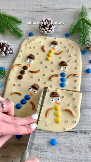 Fitwaffle | Eloise Head on Instagram: "White chocolate melted snowman bark 😍 This is super cute and so easy to make and it’s perfect to bag up as little gifts for Christmas 🫶🎁 All you need is: 300g white chocolate, tempered (see below) M&M’s Edible eyes Pretzels (broken into sticks) Mini peanut butter cups, halved Orange icing pen Tin size: 9x13” How to temper the chocolate: Melt 200g of the chocolate in the microwave at 500W (medium heat) in 1 minute intervals until mostly melted - stir gent