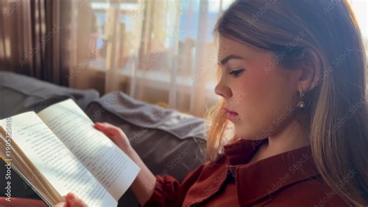Beautiful young girl reading a book at home lying on the sofa in silence
