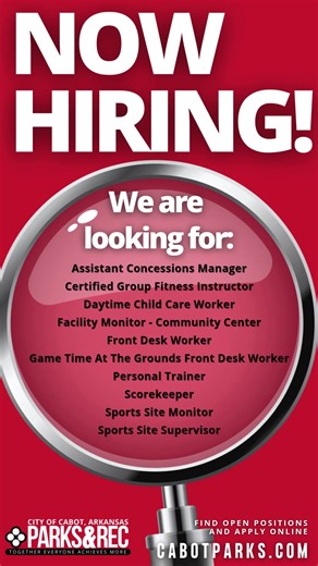 8K views · 17 reactions | Now Hiring! We are looking for: • Assistant Concessions Manager • Certified Group Fitness Instructor • Daytime Child Care Worker • Facility Monitor - Community Center • Front Desk Worker • Game Time At The Grounds Front Desk Worker • Personal Trainer • Scorekeeper • Sports Site Monitor • Sports Site Supervisor Find open positions and apply online: https://f.mtr.cool/eulerluxyl | Cabot Parks & Recreation | Facebook