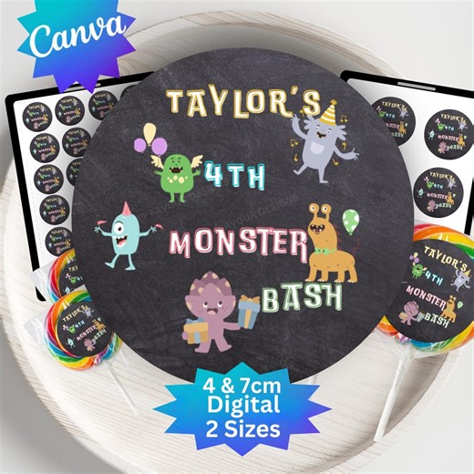 Monsters Theme Birthday Party. Custom Round Stickers. Lolly Bag Sticker, Lollipop Sticker. Custom Label. Digital. 2 Sizes - Etsy