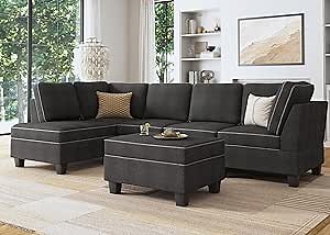 HONBAY Convertible Sectional Sofa with Storage, L Shape Couch with Ottoman, Reversible Sectional Couch for Living Room, Dark Grey