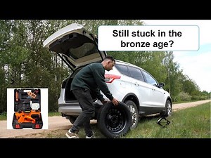 Timelapse video on use of electric jack and powerful electrical lug nut tool.