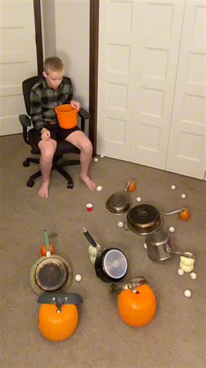 158K views · 1K reactions | Trickshot Challenge: Fall Edition  The boy attempts an impossible trick shot using kitchen pans and pumpkins. Best activity to do during the fall season. (for entertainment purposes only) | Little Bros | Facebook