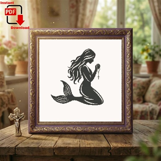Praying Mermaid Cross Stitch Pattern - Religious Silhouette Sea Maiden Instant Download PDF Embroidery Chart - Etsy
