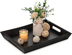 Hanobe Decorative Wooden Serving Tray: Rustic Wood Ottoman Trays for Coffee Table Rectangular Tray with Handles for Living Room Kitchen Home Decor, Dark Brown