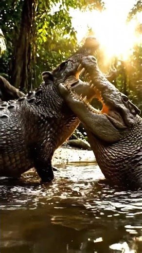 An Amazon crocodile exploding from the water to bite a capybara at the river’s edge #amazoncrocodile