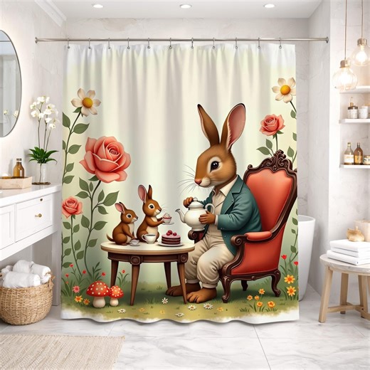 Bunny Shower Curtain Storybook Tea Party Rabbit Floral Red Cream Whimsical Nursery Bath Decor - Etsy