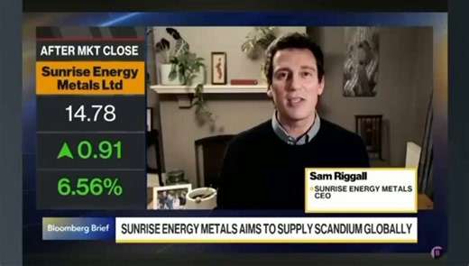 Sam Riggall, CEO of @SunriseMetals appeared on Bloomberg TV Monday, June 15, to discuss our Syerston Scandium Project and G7 countries’ plans to reduce their dependence on China for critical metals…One could benefit by listening carefully to his conversation…Sunrise’s Syerston Scandium Project is the largest and highest-grade deposit of scandium in the world. As G7 countries seek to reduce Chinese supply for rare earths like scandium to a maximum of 60%, Sunrise will serve as an alternative, giv