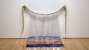 Inspired by the Japanese avant-garde art forms that she experienced during her studies abroad in Tokyo years prior, Senga Nengudi began a new series in 1970 that she called “Water Compositions,” which are sculptures made from vinyl pouches filled with dyed colored water. Varying from the geometric to the organic, these “Water Compositions” slump, twist, and fold in ways that imbue them with a human quality. Learn about the series in this video and visit “Senga Nengudi: Topologies” on view throug