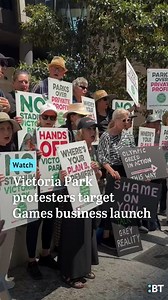 Protesters took their campaign against the Victoria Park Olympic stadium, which they claim cannot be delivered in time for the Games, to the high-profile launch of the Brisbane 2032 procurement program on Wednesday.⁠ ⁠ Read more about the protest action at the link in bio. | Brisbane Times