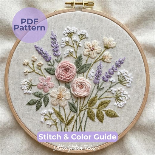 Blush & Lavender Wildflowers Hand Embroidery Pattern PDF – Floral Hoop Design, Beginner Friendly - Etsy