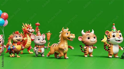 Chinese Zodiac Animals Parade Animation - Cheerful cartoon animals representing the Chinese zodiac are parading across a green background with balloons.