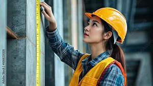 Construction Professional: A female construction worker in a hard hat and safety vest meticulously measures a wall with a tape measure, showcasing her dedication and expertise in the industry.