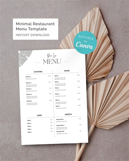 Minimal Restaurant Menu Template | Editable Canva Food Menu (digital Download) - Etsy