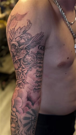 Got to put in some solid work on this powerful piece today 💪🕊️ The script flows through the clouds and ties in perfectly with the angelic elements—one of those tattoos that carries real meaning and presence. Grateful I get to bring artwork like this to life every day. I’m currently booking new appointments, so if you want to start your own custom piece or add to something you already have, hit me up! 📍 Pale Horse Tattoo 📞 Call/Text: 223-221-5766 📅 DM to book or ask about availability Let’s 