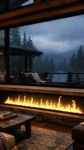 Rainy Night at Modern Mountain Cabin | 10 Hours Heavy Rain, Thunder & Cozy Fireplace in 4K 💤🌧️
