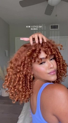 A more in depth tutorial styling my curly bangs in sections, using a brushing & finger coiling technique 👀 #gingerhair #howtostylebangs #curlyhairbangs #curlyhairtutorial